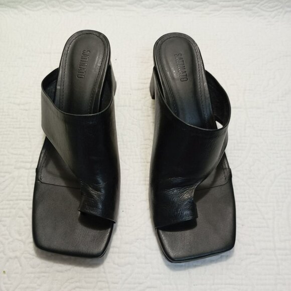 Satinato Sandals Open Black Leather Heeled Toe Slip-On Womens Size 35 EUR 36 - Picture 4 of 9